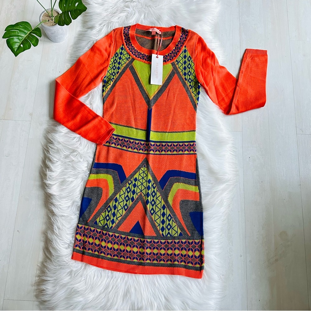 NWT Peachpuff USA Orange Multi Color Geo Retro Sweater Dress, S